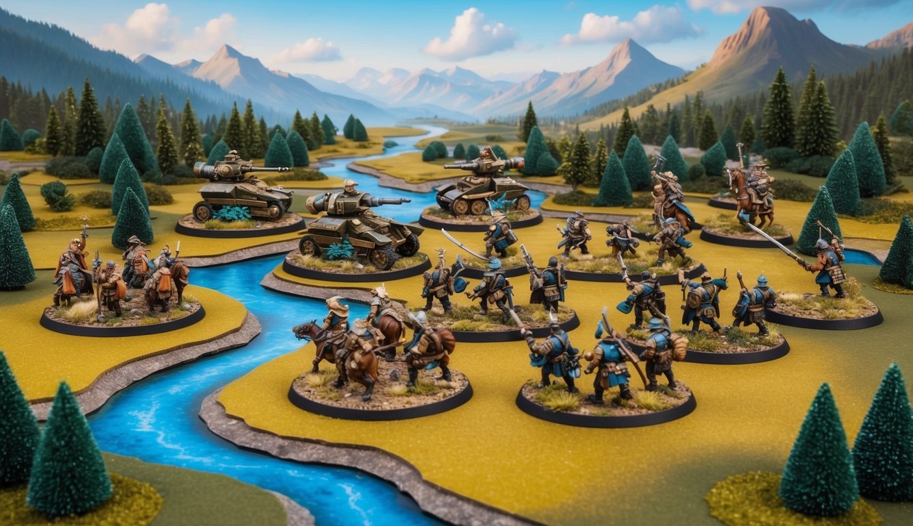 A group of detailed miniatures engage in a strategic war game on a realistic terrain, with mountains, forests, and rivers, creating an immersive adventure setting