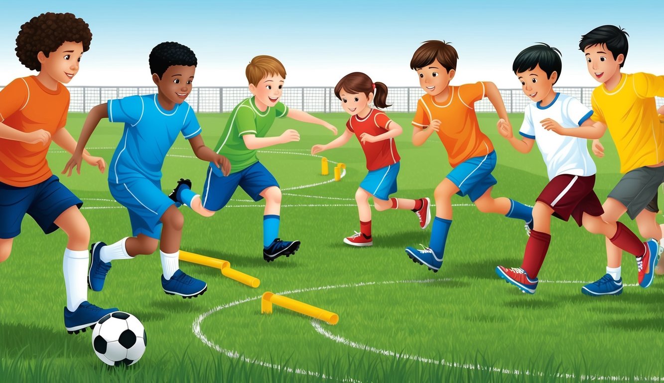 Children playing soccer in a grassy field, practicing dribbling and passing skills.</p><p>A group of kids engaged in a game of tag, running and dodging around obstacles