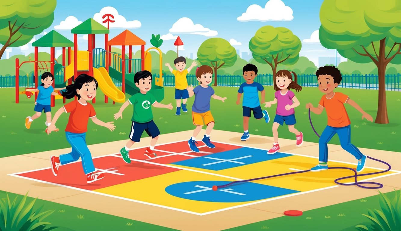 A group of children play a variety of outdoor games, including tag, hopscotch, and jump rope, in a vibrant park setting with green grass and colorful playground equipment